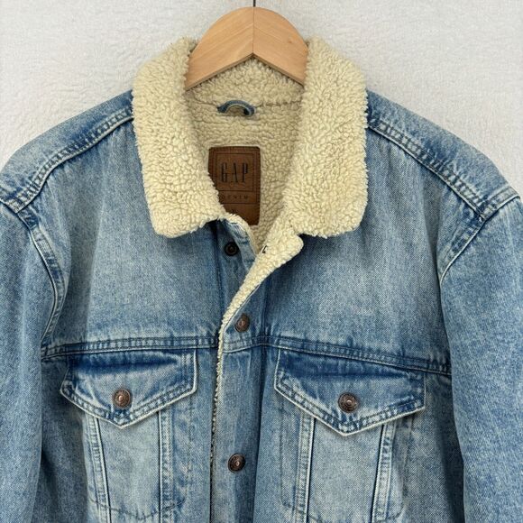 GAP DENIM Jacket Mens XL Trucker Sherpa Fleece Snap Front Cotton Light Wash Blue - Picture 4 of 14